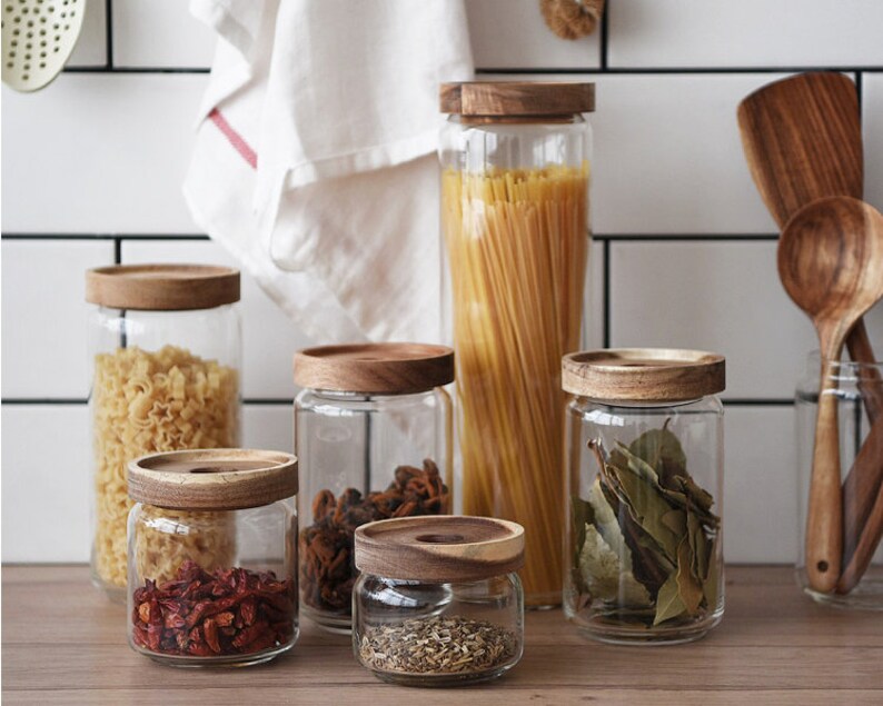 Set of 5 Glass Jars With Wooden Lids Etsy