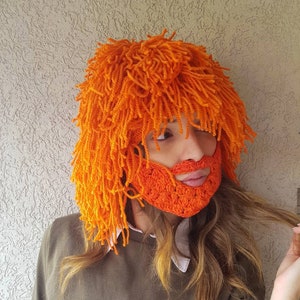 Orange hair hat St Patrick's day gift Wig Beanie with Beard Crochet beard beanie Yarn hair hat Crazy hat Festival Gift for him Cap Knit wig