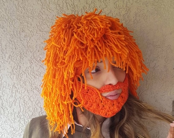 Orange hair hat St Patrick's day gift Wig Beanie with Beard Crochet beard beanie Yarn hair hat Crazy hat Festival Gift for him Cap Knit wig