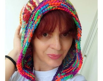 Vibrant Chunky knitted hat Crochet colorful Hood Hippie Knit long hat Slouchy hood Earflap beanie Woman's Unique winter beanie Crazy hats