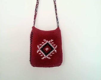 Serbian gift Mother's day  Cotton bag Traditional Balkan bag Cross body bag Serbian Orthodox bag Knit small bag Yugoslav Folk Boho red purse