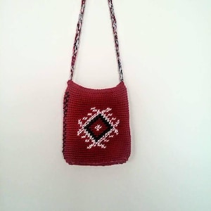 Serbian Ethno Cotton Crossbody Bag: Red Knit Balkan Purse