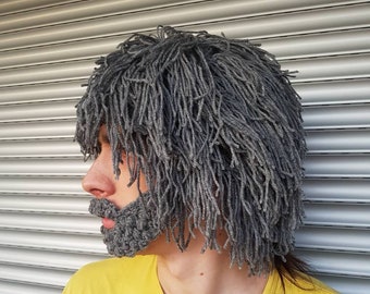 Gray hair Wig Beanie with Beard Father's day gift idea Crochet beard beanie Yarn hair hat Crazy festival Gift for him Knit wig Wild man wig