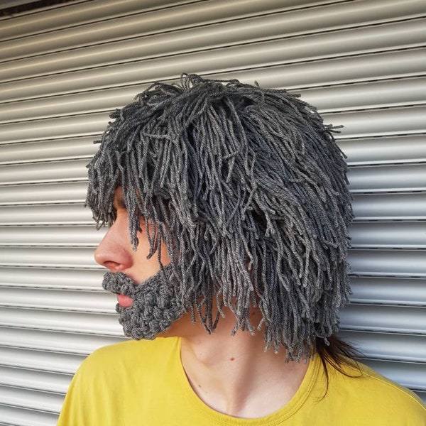 Gray hair Wig Beanie with Beard Father's day gift idea Crochet beard beanie Yarn hair hat Crazy festival Gift for him Knit wig Wild man wig