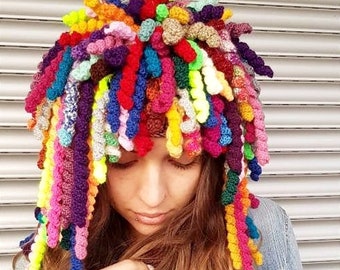 Crochet wig Crazy hair day Curlly hat Vibrant Funnky beanie Halloween hat Dreads beanie Colorful hat Rave hat Crazy Festival hat Rainbow wig