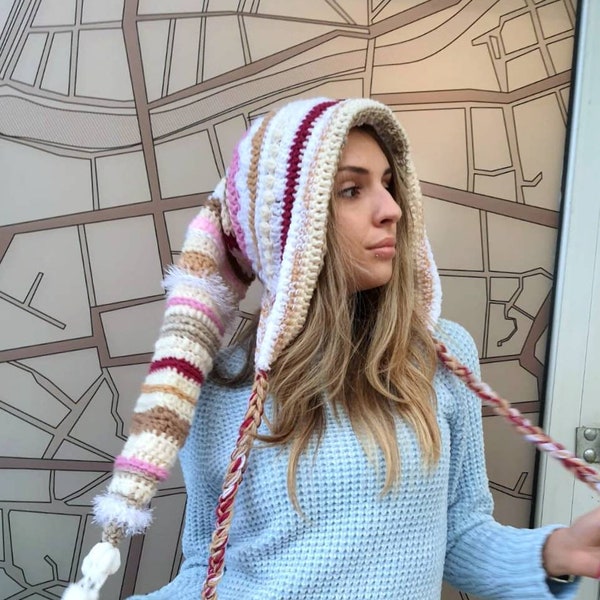 Capuche lutin au crochet, longue queue, bonnet elfe, chapeau pointu, cadeau d'anniversaire, vêtements pour femme, gros bonnet, cache-oreilles, bonnet femme, bonnet fée, capuche oversize