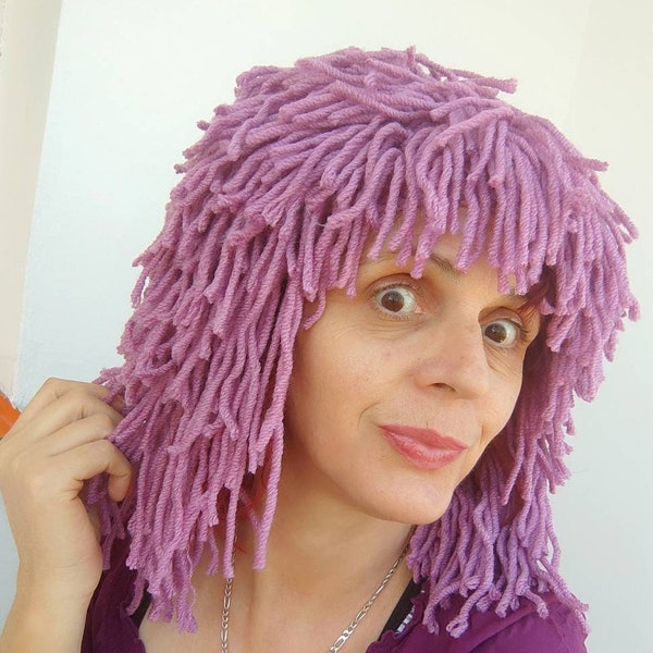 Yarn wig Lavander hair hat Festival Yarn wig beani Mother's day gift Knitted Wig Beanie Crochet hair beanie Yarn hair hat Crazy beanie