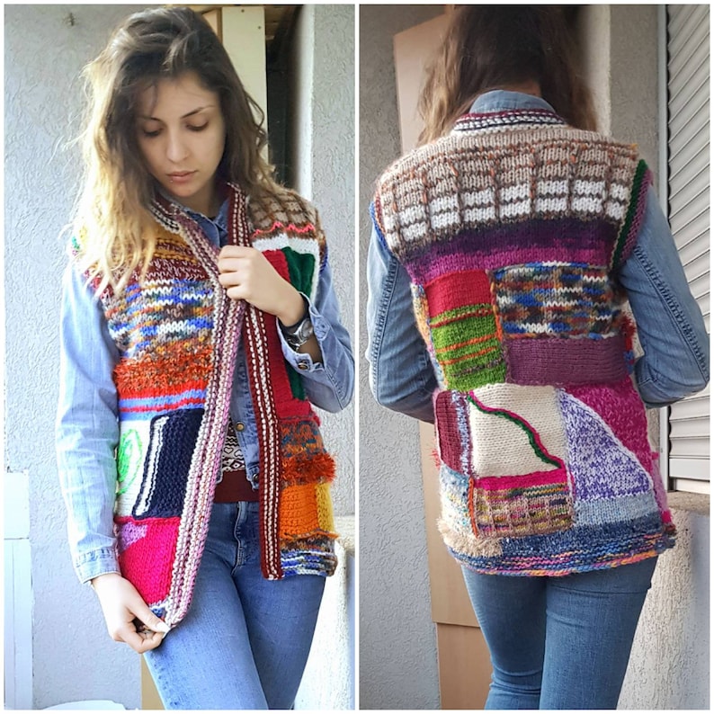 Knitted vest Crochet patchwork vest Wool vest Boho Vibrant Etsy