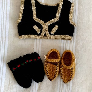 Serbian Baby Girl Costume: Embroidered Socks, Opanke Shoes, Crochet Vest