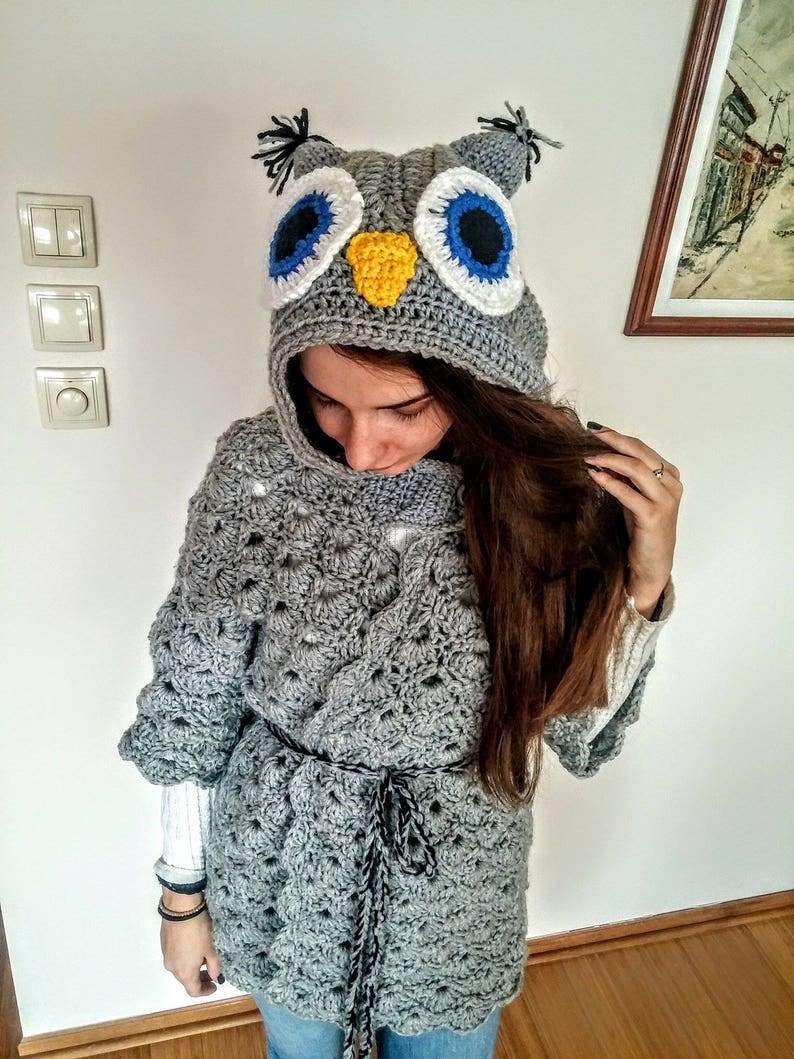 Hand gestrickte Eule Poncho stricken Eule Kapuze häkeln