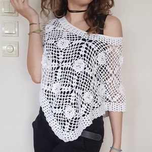 Crochet Lace Poncho: White Cotton Boho Cover-Up