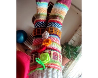 Knit socks with flowers Valentine's gift for her Colorful Vibrant socks Crochet Colorful winter socks Knit wool tights Anelmas socks Rainbow