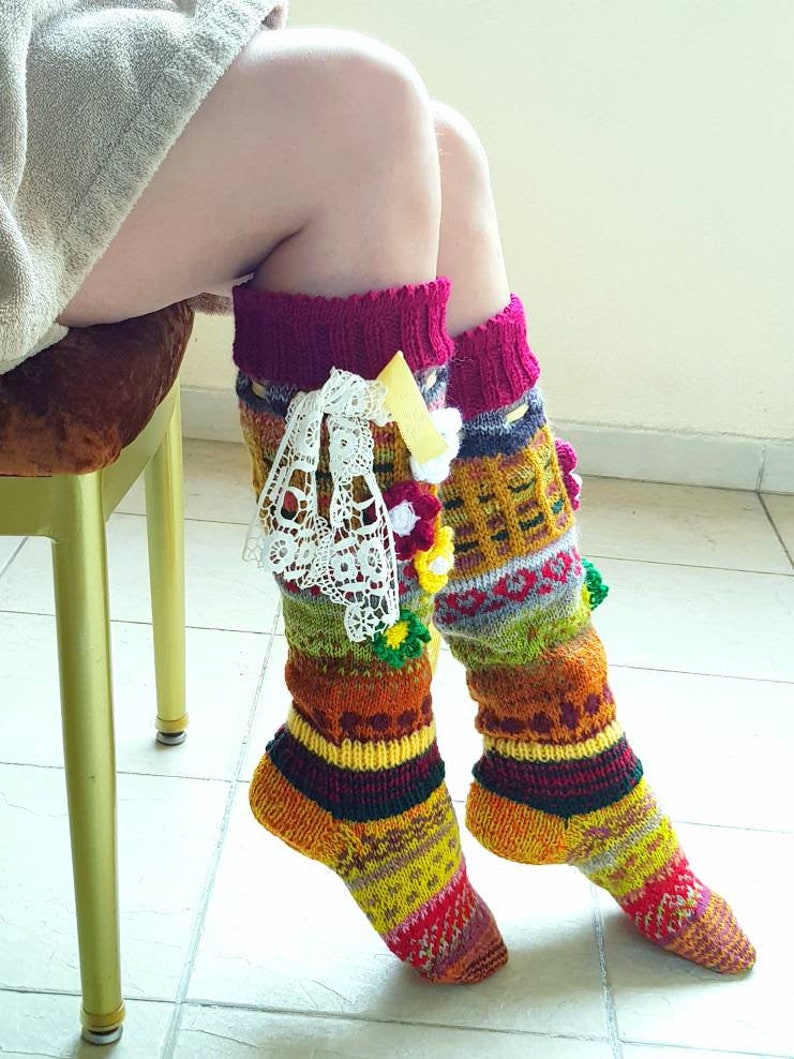 Knit socks with flowers Colorful Socks Vibrant socks Crochet Etsy