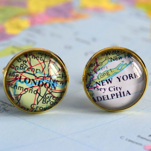 Map cufflinks, gold plated, personalised custom vintage map design using two locations of your choosing. Wedding, Groom, Best man.