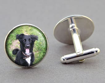 Custom photo dog or pet cufflinks, Silver, Gold, Bronze finish. Personalised gift, birthday, christmas, anniversary gift. Matching Tie Clip.