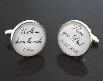 Wedding cufflinks, father of the bride custom. personalised with date and time. Unique gift. Silver, gold, antique bronze.