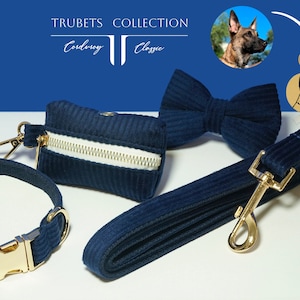 Navy Blue Pet Dog Collar Set, Name Engraved Corduroy Boy Puppy Collar Bow Tie and Leash, Personalized Wedding Bridesmaid Dog Collar