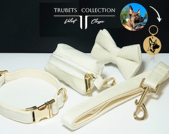 Personalized Velvet Dog Collar Set: Engraved Buckle, Leash & Bowtie