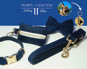Engraved Navy Corduroy Dog Collar Set, Bow Tie, Leash