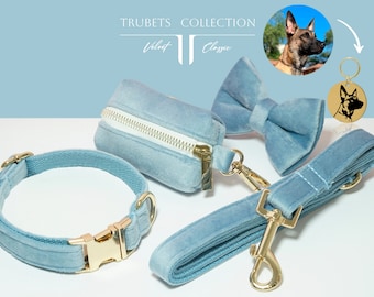 Colored Velvet Personalized dog collars Leash Set Navy, Blue, Blues, Teal Engraved Pet Name Plate Metal Buckle, Wedding Puppy Gift, Girl Boy