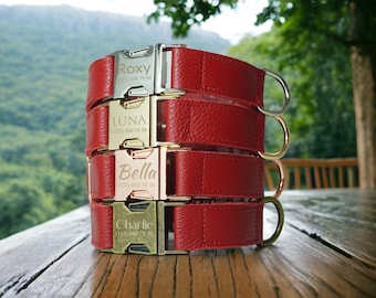 Custom Set red Leather Dog Collars Personalized Engraved Pet Name Collar Lead Adjustable For Small Medium Large Dogs. Dog collar leather
