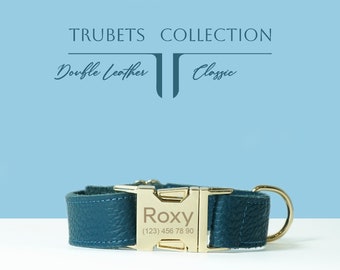 Personalized Blue Leather Dog Collar, Engraved Name Tag