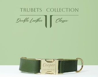 Personalized Green Leather Dog Collar, Engraved Name Tag