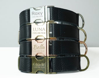 Personalized Black Leather Dog Collar, Black Leather Collar For Dogs, Custom Black Leather Dog Collar With Name Plate