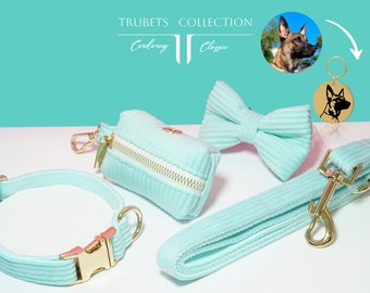 Multiple Colour Corduroy Personalise Dog Collar Leash Set with Bow Tie, Pink, Teal, Orange, Lavender Engraved Pet Name Metal Buckle