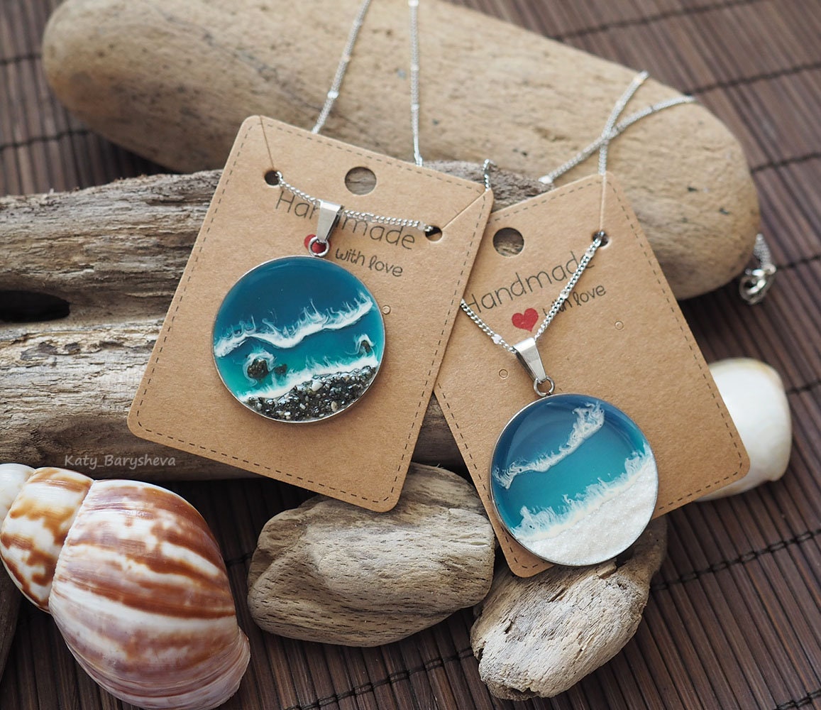 Ocean resin necklace / Sea Beach Pendant / water wave blue Etsy
