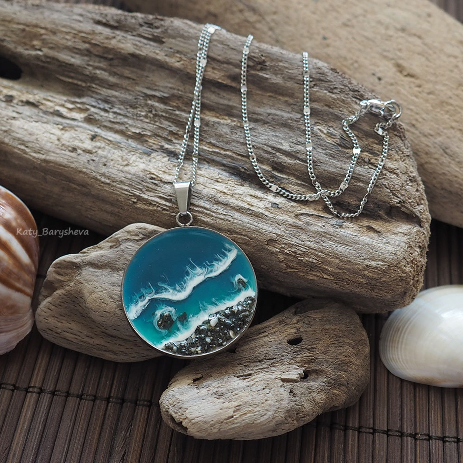 Ocean resin necklace / Sea Beach Pendant / water wave blue Etsy