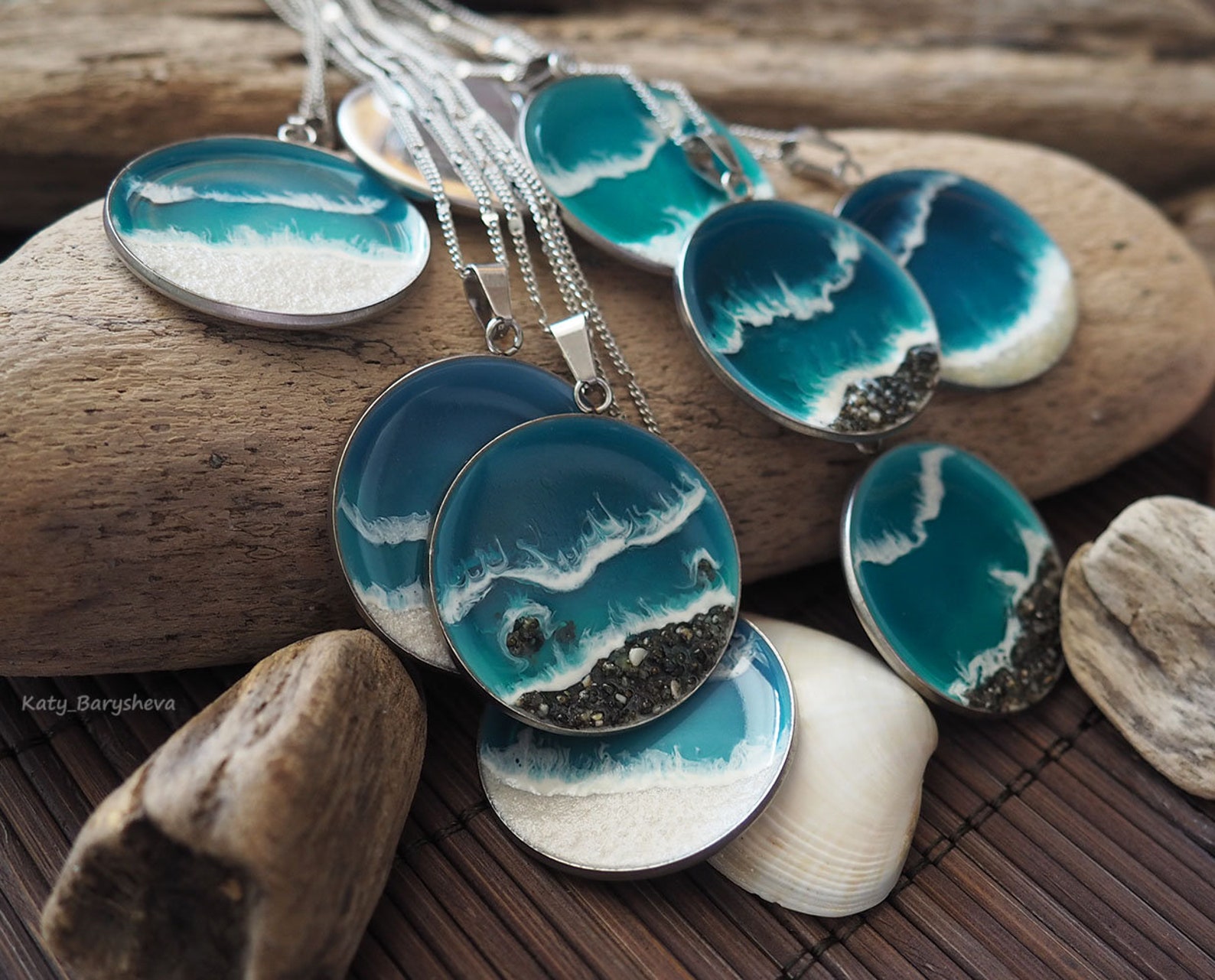 Ocean resin necklace / Sea Beach Pendant / water wave blue Etsy