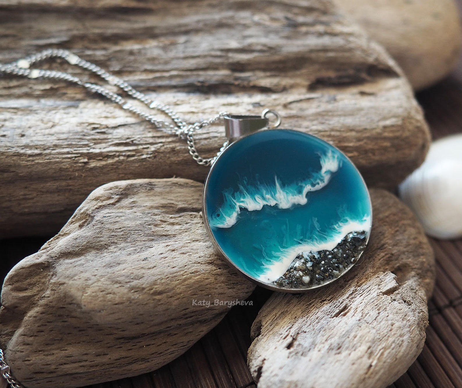 Ocean resin necklace / Sea Beach Pendant / water wave blue Etsy
