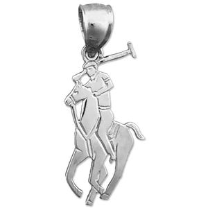 May include: Silver pendant charm featuring a polo player riding a horse. The player is holding a mallet and wearing a helmet. The charm is designed in a minimalist style.