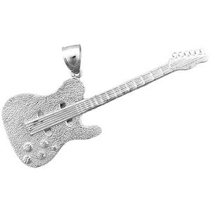 Rhodium Plated 925 Sterling Silver Brush Finish Guitar Pendant