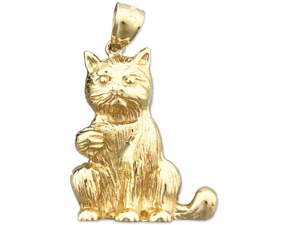 Pendentif Chat Assis En Métal Doré - Bijou Vintage Occasion - Origine France