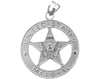 Rhodium Plated 925 Sterling Silver United States Marshal Badge Pendant