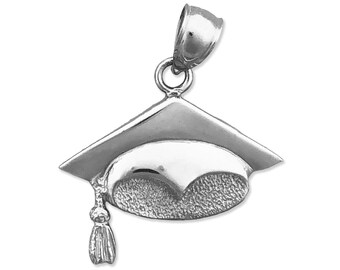 Rhodium Plated 925 Sterling Silver Graduation Cap with Tassel Pendant