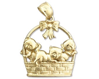 14K Gold Kittens In Basket Pendant