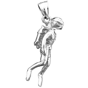 May include: A silver pendant charm in the shape of a diver, with a detailed design and a loop for attaching to a chain.