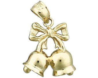 14K Gold 3D Christmas Bell with Ribbon Charm