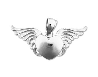 Rhodium Plated 925 Sterling Silver Heart with Angel Wings Pendant