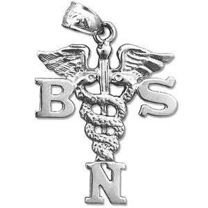 Rhodium Plated 925 Sterling Silver BSN Bachelor Science Nursing Caduceus Pendant