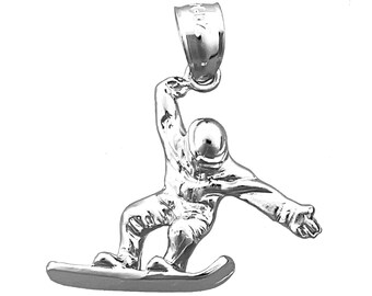 Rhodium Plated 925 Sterling Silver Snowboarder Pendant