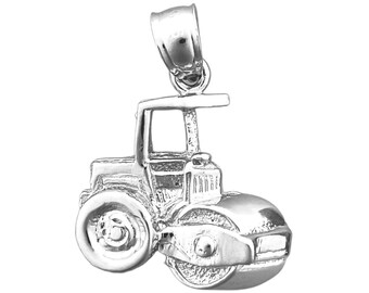 Rhodium Plated 925 Sterling Silver Construction Road Roller Pendant