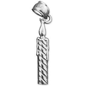 May include: Silver charm shaped like a candle with a twisted design. The candle has a flame on top and a loop for attaching to a bracelet or necklace.