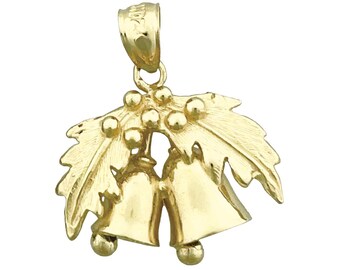 14K Gold 3D Christmas Bell with Holly Charm