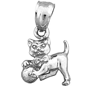 Rhodium Plated 925 Sterling Silver 3D Cat with Ball Charm
