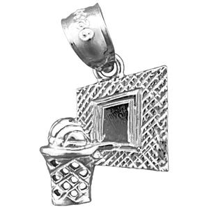 Rhodium Plated 925 Sterling Silver Basketball In Hoop and Backboard Charm