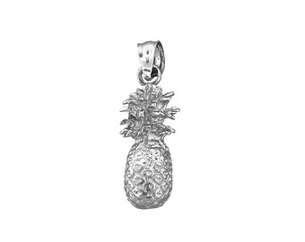 May include: A silver pineapple charm pendant. The pineapple is detailed with textured leaves and a textured body.
